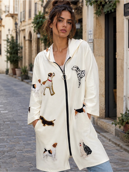 Jackets & Blazers - A70. From Italy 🇮🇹 Cream Zip-Front Hoodie Coat with Dogs
